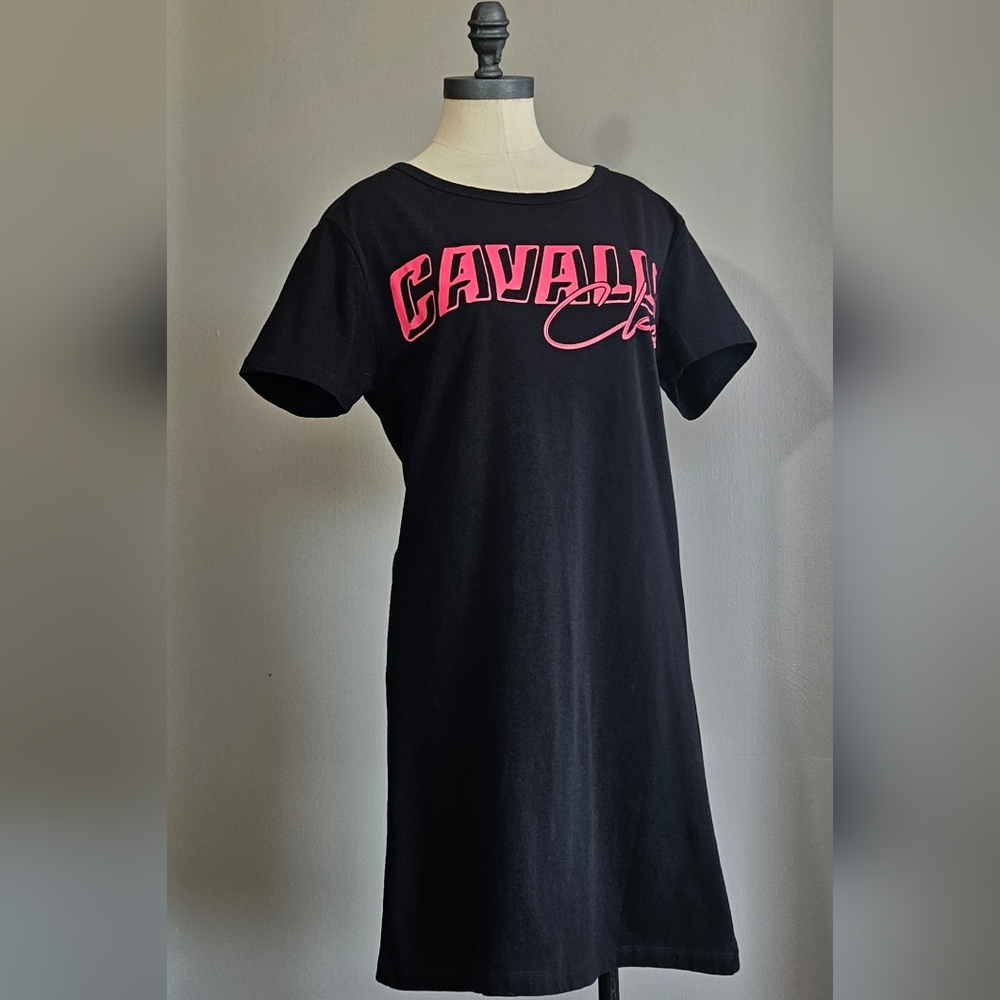 NWT Roberto Cavalli Black & Pink Graphic Logo T-Shirt Dress Mini Sz M